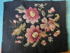 KVQG: Small Finished Needlepoint Pink Floral Black Background 8" x 10"