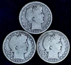 Lot of (3) Barber Half Dollar 90% Silver Coins, 1900, 1907, 1908D G-VG Features