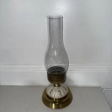 Vintage Cottage  14” Candle Lamp W/ Floral Ceramic Glass Brass Base