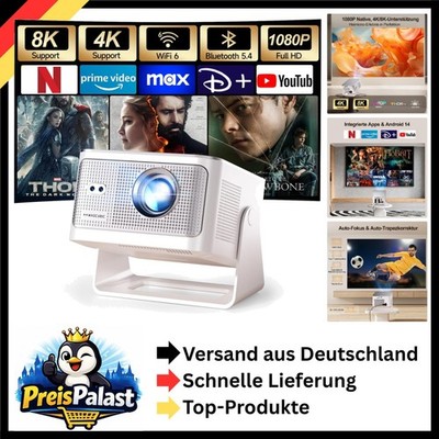 Mini Beamer tragbar 4K 8K Native 1080P WiFi 6 Bluetooth 5.4 Android 14 Heimkino