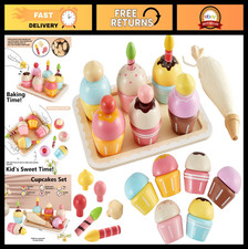 Wooden Cupcake Pretend Play Food Set - Kids Baking Kitchen Toy for Ages 3-5