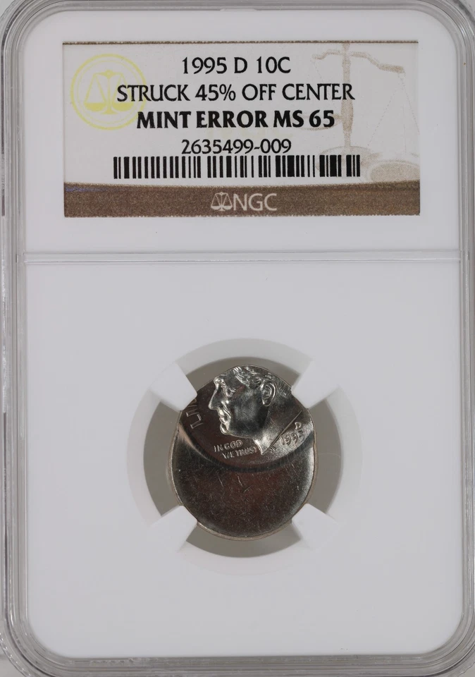 1995-D 10C Roosevelt Dime NGC MS 65 Struck 45% Off Center - Image 3 of 4