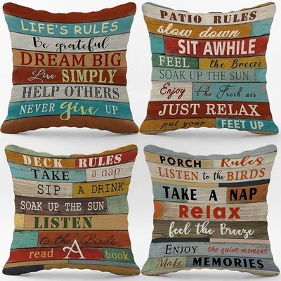 Porch Deck Patio Life's Rules Throw Pillow Case 18 x 18 Inch Set of 4 Front