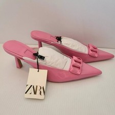 zara CHAIN DETAIL HEELED MULES shoes Size 6.5 24.0 cm US pink patent 1263/910/0