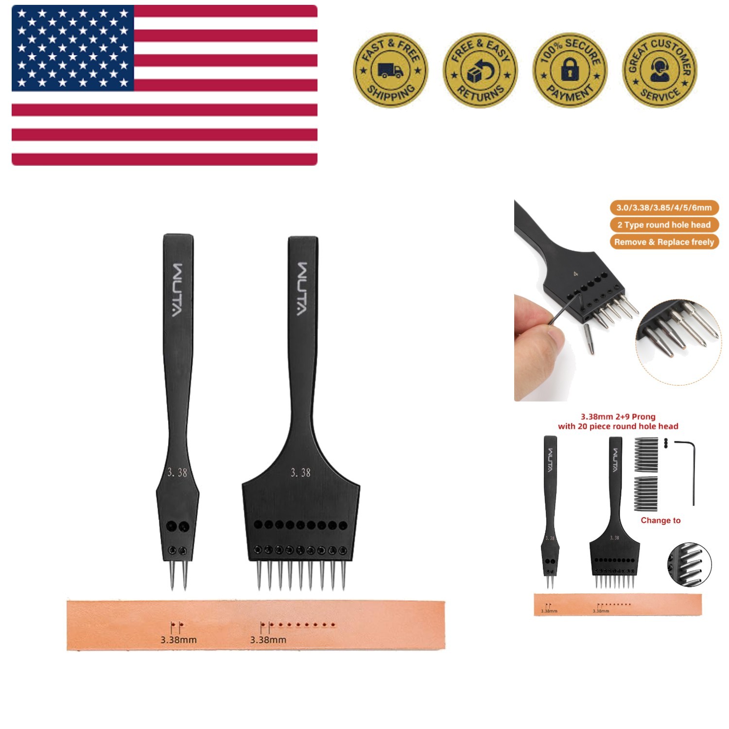 Sharp Head Replaceable Pricking Iron Removable Circle Leather Hole Punch Laci...