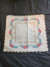 Small Hand Embroirdered Square Table Cover w/ Red Blue Flowers