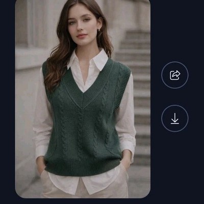 Siani Milano Vest Blouse Size S V Neck Green/ White Long Sleeve