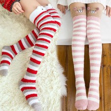1pair Girl Cute Winter Striped Coral Velvet Long Socks Warm Knee Length