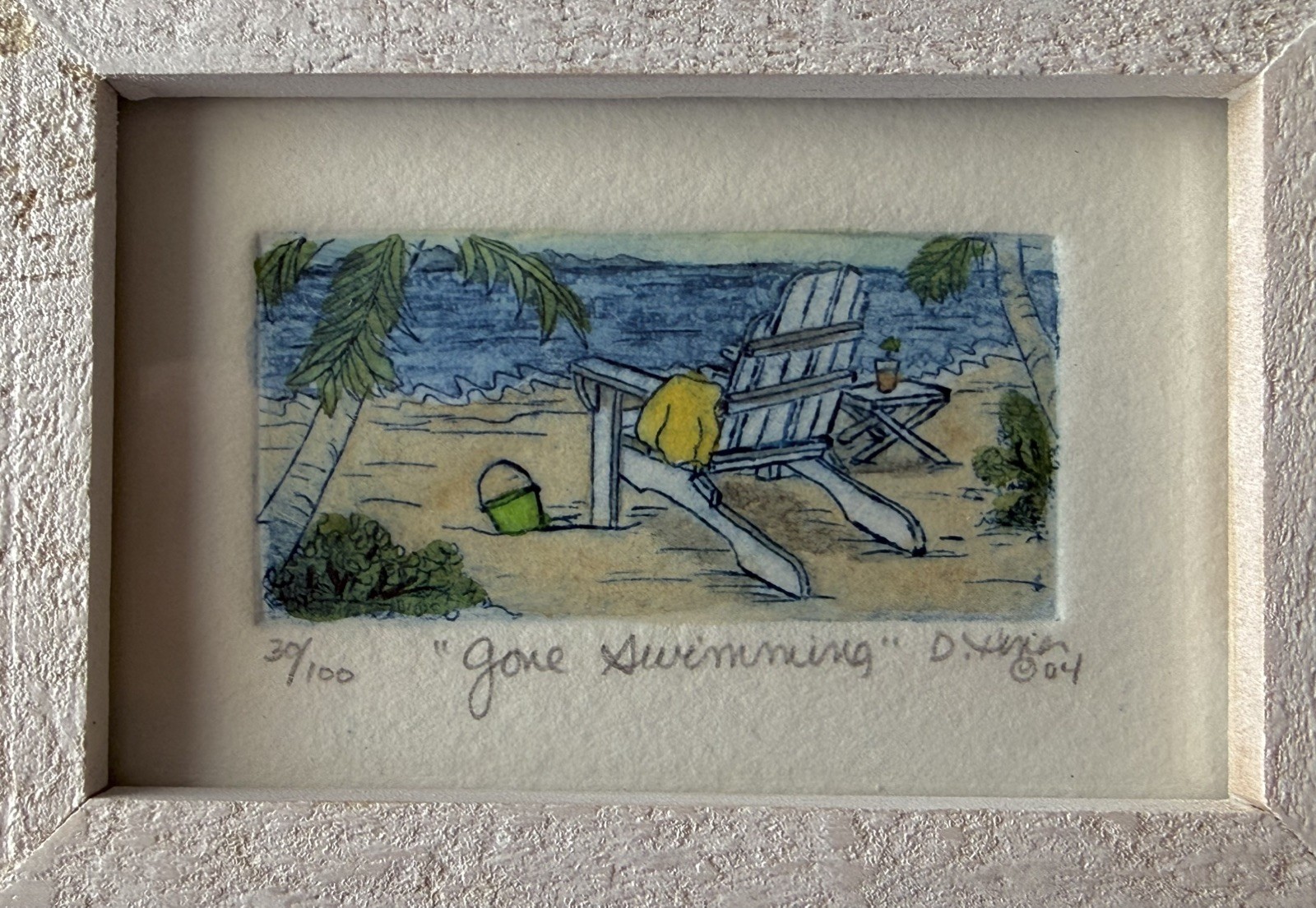 Original Miniature Hand Colored Etching Of A Beach Scene Titled “Gone Swimming”