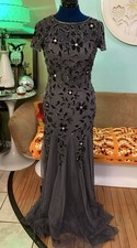 Adrianna Papell Womens Sequined Short Sleeves Long Evening Gown Dark Gray Sz 0