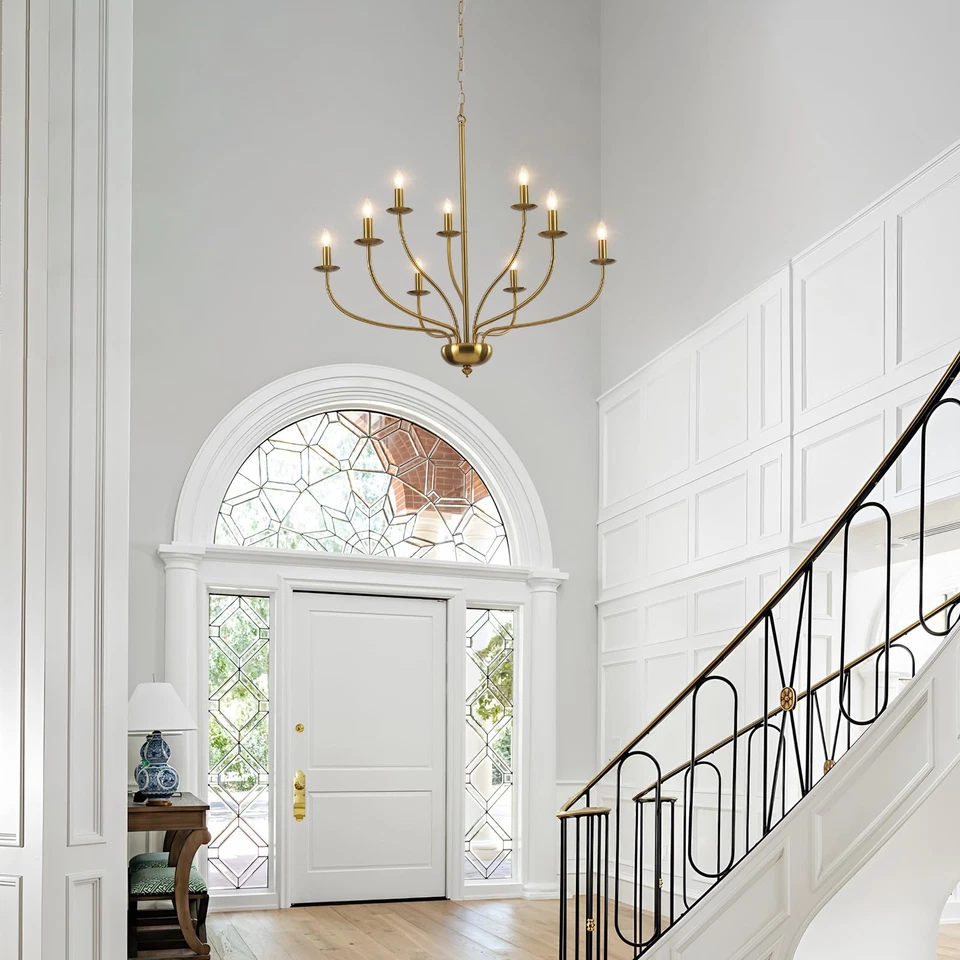 Lámpara de araña dorada Lámpara de araña de latón de 2 niveles 9 luces para comedor... Foto 3 de 4