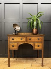 Antique Oak Writing Desk Leather Top Small Desk Drawers Storage Sideboard