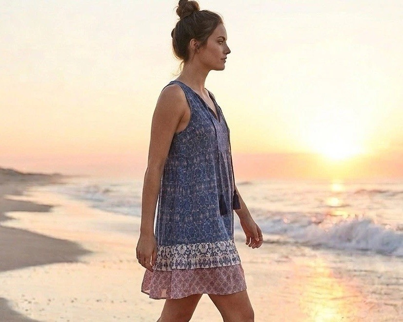 Rewind Women’s Blue Boho Tiered Floral Tassel Minidress Medium