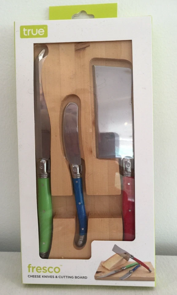True Fresco 3075 Cheese Knives & Pine Cutting Board Set Stainless Enamel Handles - Image 1 of 4