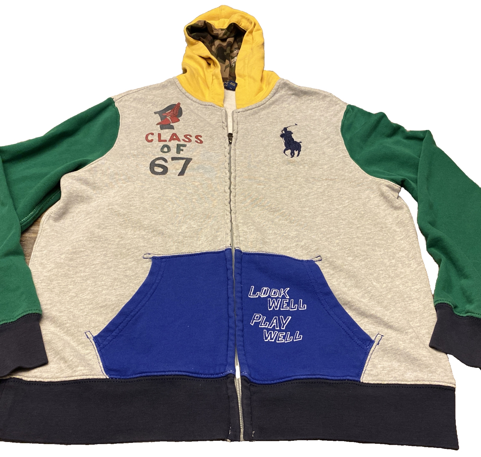 Felpa con cappuccio Polo Ralph Lauren Pwing colore blocco mimetica grande pony classe 67 gioventù XL 16 18