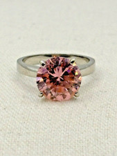 Brilliant Pink Cubic Zirconia Solitaire 11 mm Silver Tone Cocktail Ring Size 7