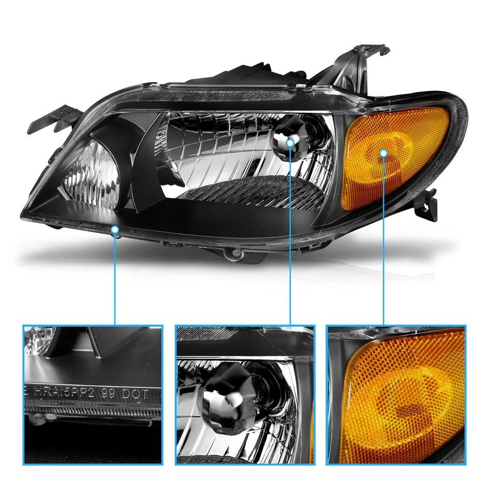 2001 2002 2003 For Mazda Protege 4Dr Sedan Black Factory Style Headlights Pair - Image 4 of 4