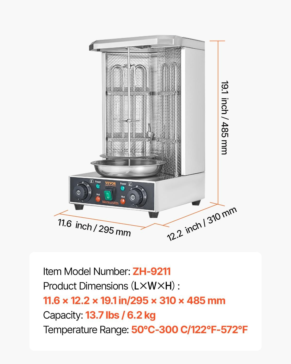 Shawarma Grill Machine, 122°F-572°F, 13Lbs Capacity, Chicken Shawarma Cooker Mac
