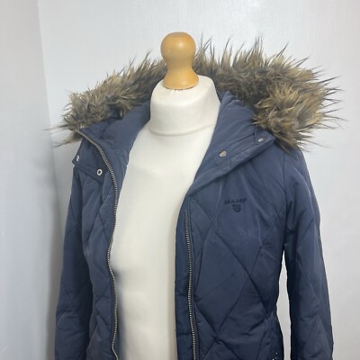 GANT SIZE XS NAVY BLUE PADDED HOODED PARKA JACKET SIZE 6 FUR HOOD DUVET