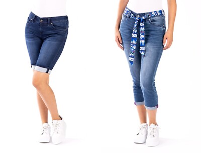 BLUE MONKEY DAMENJEANS B  WARE NEU BLAU 3/4 LÄNGE CAPRI SHORTS SATINÄHNL.GÜRTEL