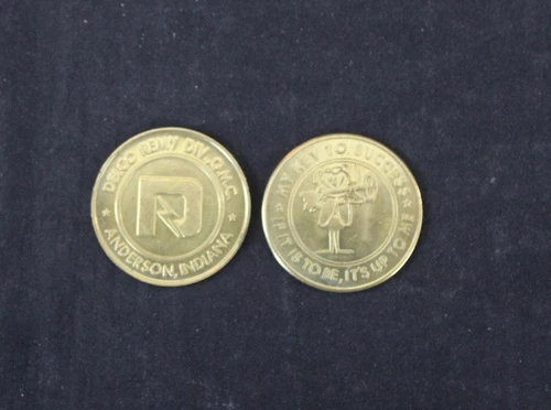 2 VINTAGE COINS TOKENS DELCO REMY DIV. GMC ANDERSON INDIANA "MY KEY TO SUCCESS"