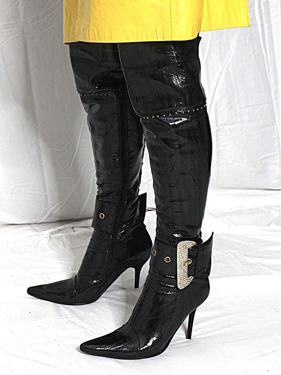 Womens Faux Leather Boots Black 8-8.5 Over Knee High Heel Stiletto