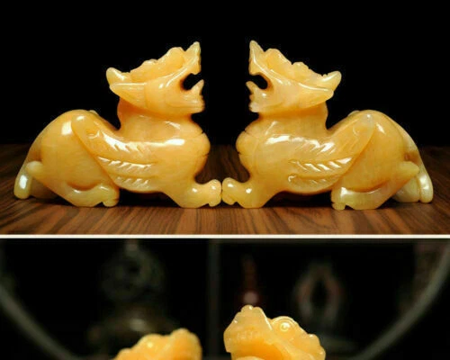 Chinese handmade sculpture Jade shows yellow mascot of jade Pi Xiu Fengshui - Image 2 of 4