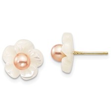 14K Yellow Gold 3-4mm Pink Round FWC Pearl and 10mm Mother of Pearl Earrings