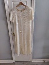 Lillie Rubin Ivory Silk Beaded Sequin Pearl Shift Dress Short Sleeve M