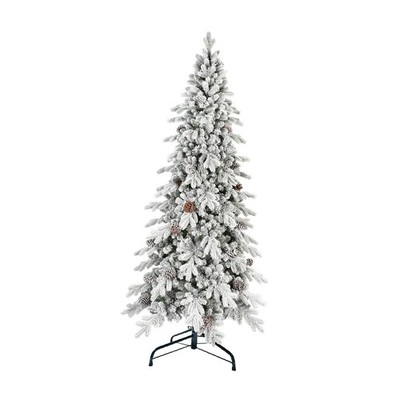 Realistic 7.5 FT Flocked Christmas Tree with 40 Pine Cones, 1424 Tips & Hinged