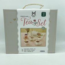 Members Mark Porcelain Tea Set 15 Pc Pretend Play Gold Trim Teacups Cups Tray