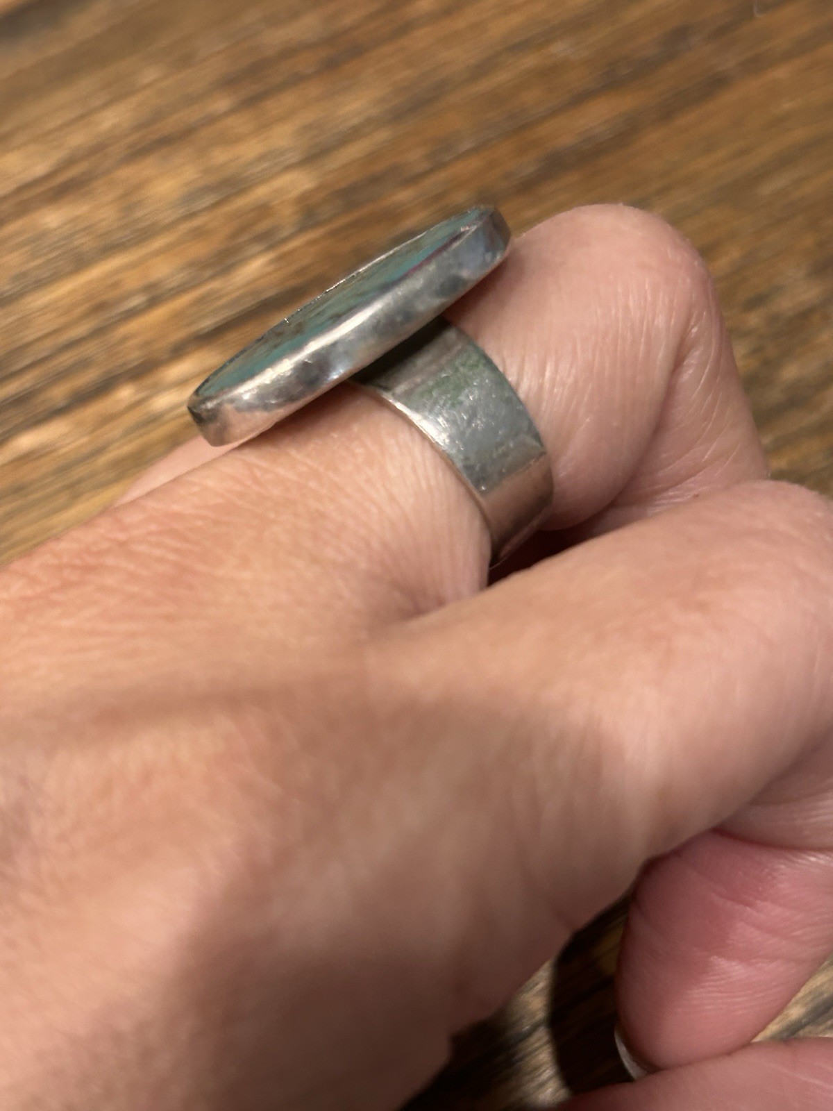 Large Sterling Silver Flat Turquoise Ring - image 4