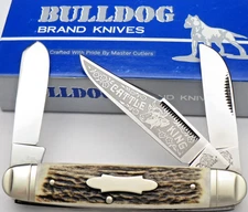 Vintage BULLDOG BRAND Solingen 1985 Fighting Dogs Stamp CATTLE KING Knife Stag