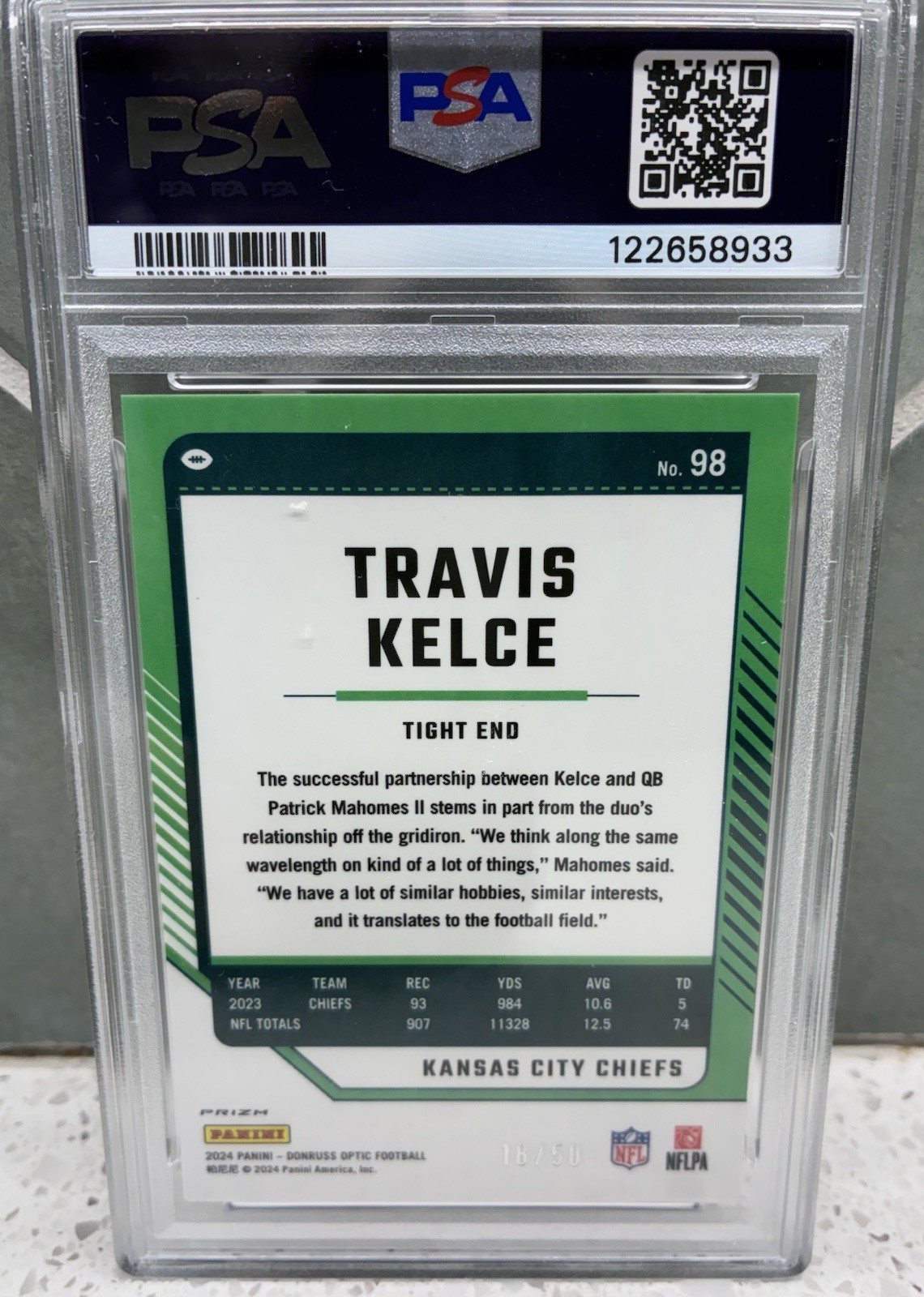 2024 TRAVIS KELCE Panini Donruss Optic Lime Green Prizm /50 PSA 10 💎 MINT view 2