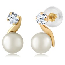 14K Yellow Gold 0.22 Ct 3mm Zirconia and Cultured Freshwater Pearl Earrings