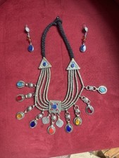 Afghan Tribal Necklace  Earrings Silver tone Multi Stone Kuchi Belly Dancing