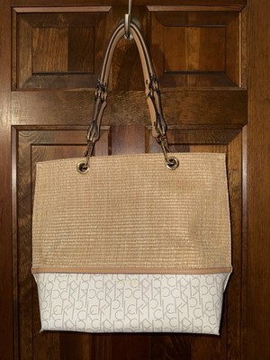 Calvin Klein Beige White Tote Shoulder Bag with Logo Gold Hardware NWOT