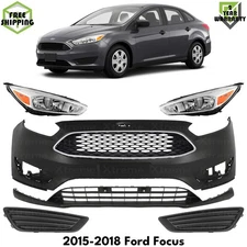 Front Bumper Cover Primed Plastic & Headlights Kit For 2015-2018 Ford Focus