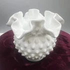 Fenton White 4" Ball Vase Hobnail Milk Glass Ruffled Double Crimped Rim