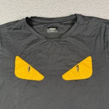 Fendi T-shirt Mens 50 M Black Cat Eye Monster Leather Patch Short Sleeve Tee