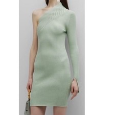 Aeron Zero One Shoulder Ribbed Knit Mini Dress Sage Green XL