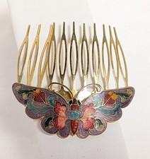 Vintage 80s Cloisonne Enamel Butterfly Moth Hair Comb Lavender Butterflies