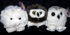 New 3 Puffkins Plush Lot 2 Owls  1 Kitty 1994