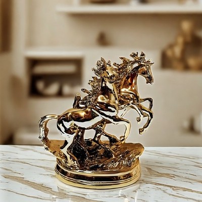 16''H Golden Color Glossy Running Horses Figurine Ornament Home Decor Unique Gift