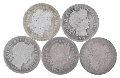 Better Lot 5 1898 1910-D 1893 1892 1900 Barber Dime 0.50 Face *190
