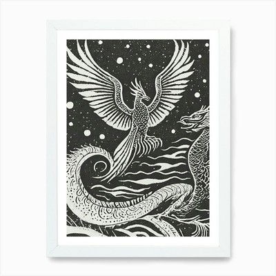 Phönix und Drache Linolschnitt Kunstdruck gerahmtes Wandbild Poster Leinwanddruck Bild