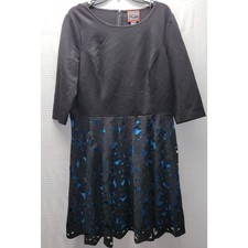 FOCUS BY SHANI Dress Sz 16 Blk Blue Women's Laser Cut Fit & Flare Midi Floral