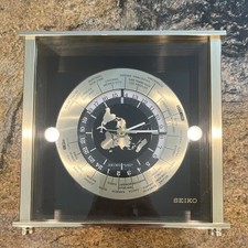 Seiko Quartz World Time Desk Clock World Map Square Brass Finish parts repair