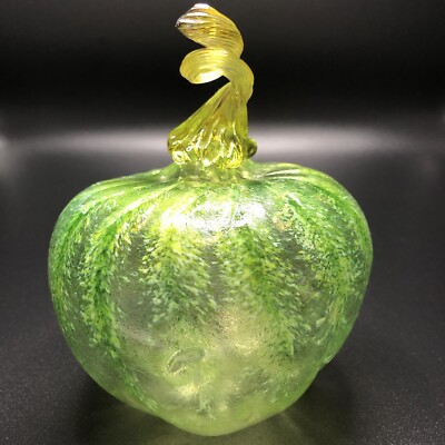Hand Blown Art Glass Pumpkin Green Yellow Gold Signed Curly Stem Hand Painted