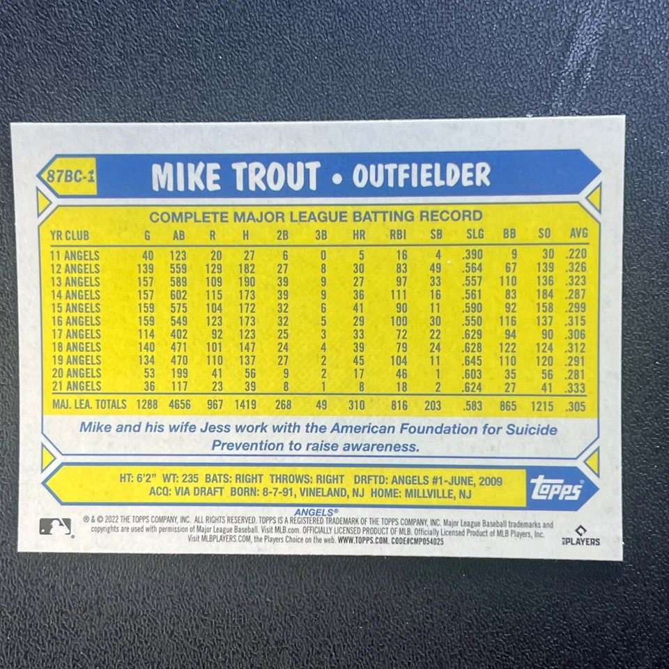 2022 TOPPS CHROME MIKE TROUT 1987 TOPPS BASEBALL 35TH ANNIVERSARY #87BC-1 - Image 2 of 2